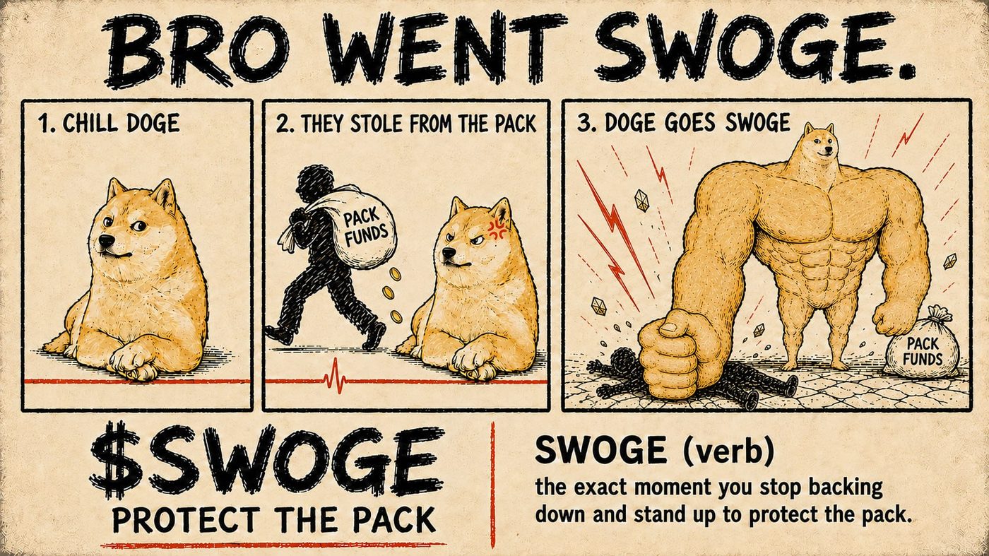 Three panel comic: chill doge, they stole from the pack, doge goes swoge
